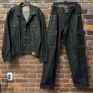 Vtg 90s GUESS Mens Denim Jean Trucker Jacket LARGE  & Cargo Jeans 36 Set Hip Hop